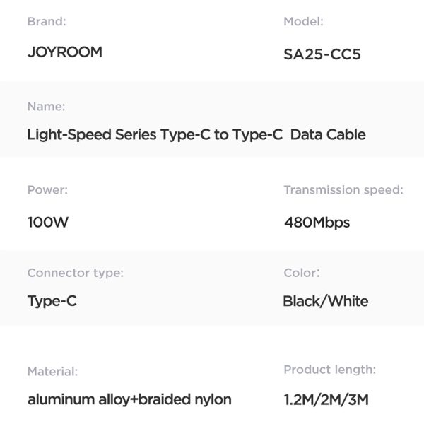 JOYROOM SA25-CC5 1.2m Light-Speed Series PD 100W Fast Charging Type-C to Type-C Data Cable Online Sale